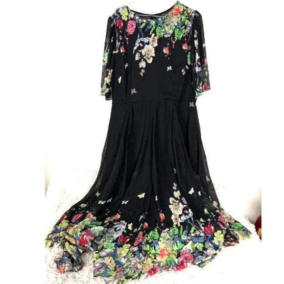 FLORYDAY Butterfly Floral Sheer Modest Dreamy Midi Dress NWT Size XL - Picture 1 of 6